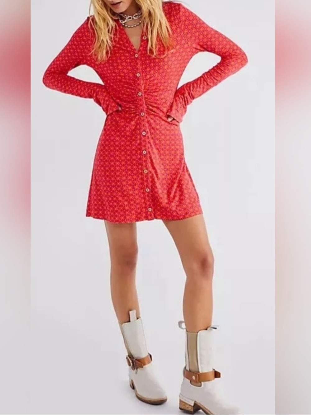 Free People Shayla Mini Dress Collar Button Up Ruched - Picture 3 of 10